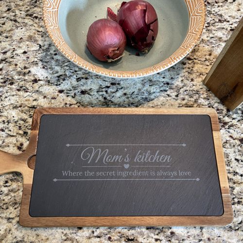 Personalized Slate & Acacia Wood Serving Board With Handle, 16" x 7 3/4”