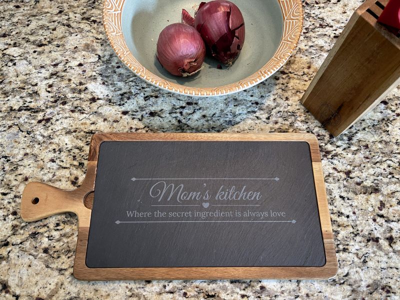 Personalized Slate & Acacia Wood Serving Board With Handle, 16" x 7 3/4”